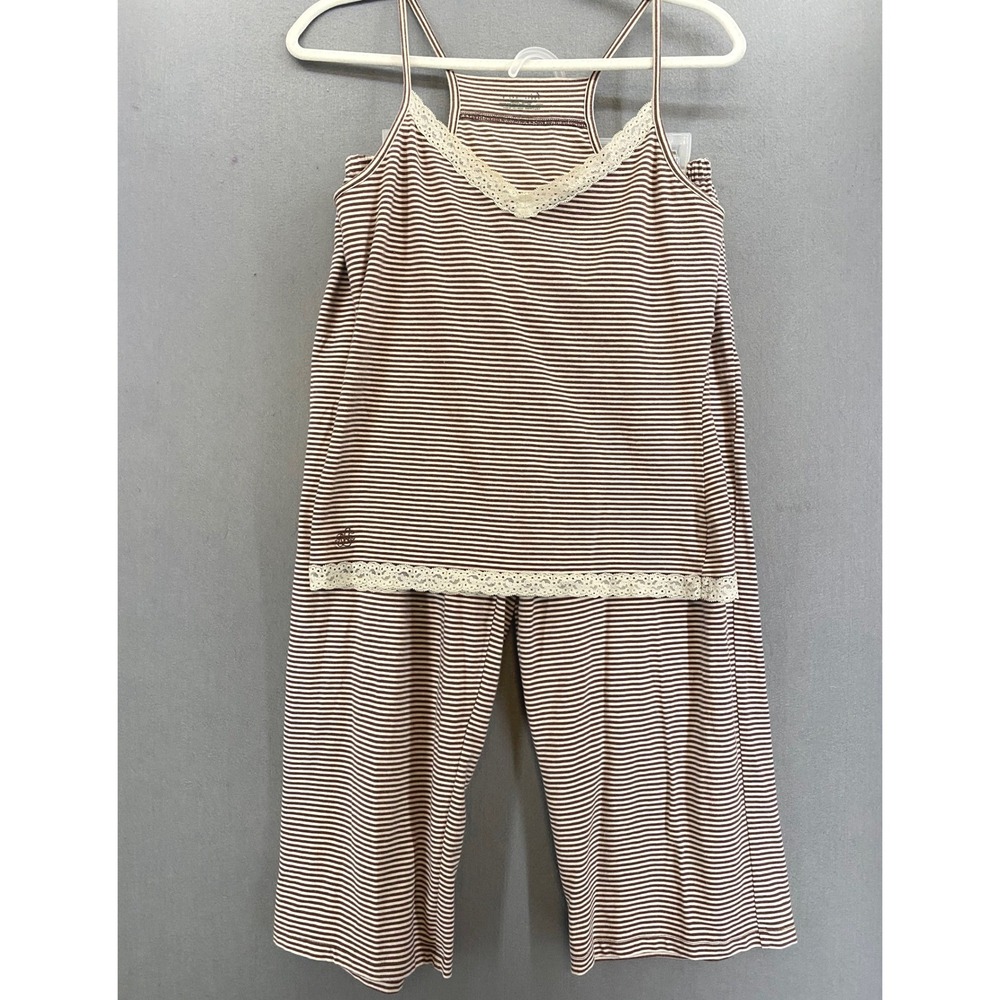 Lauren Ralph Lauren Womens Brown White Striped Lace Trim Pajama Set Size S